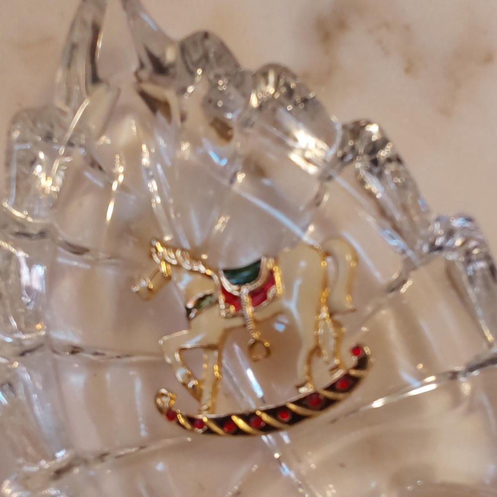 Vintage Rocking Horse Sweater Pin, 1960s Gold And Red Rhinestone Jewelry